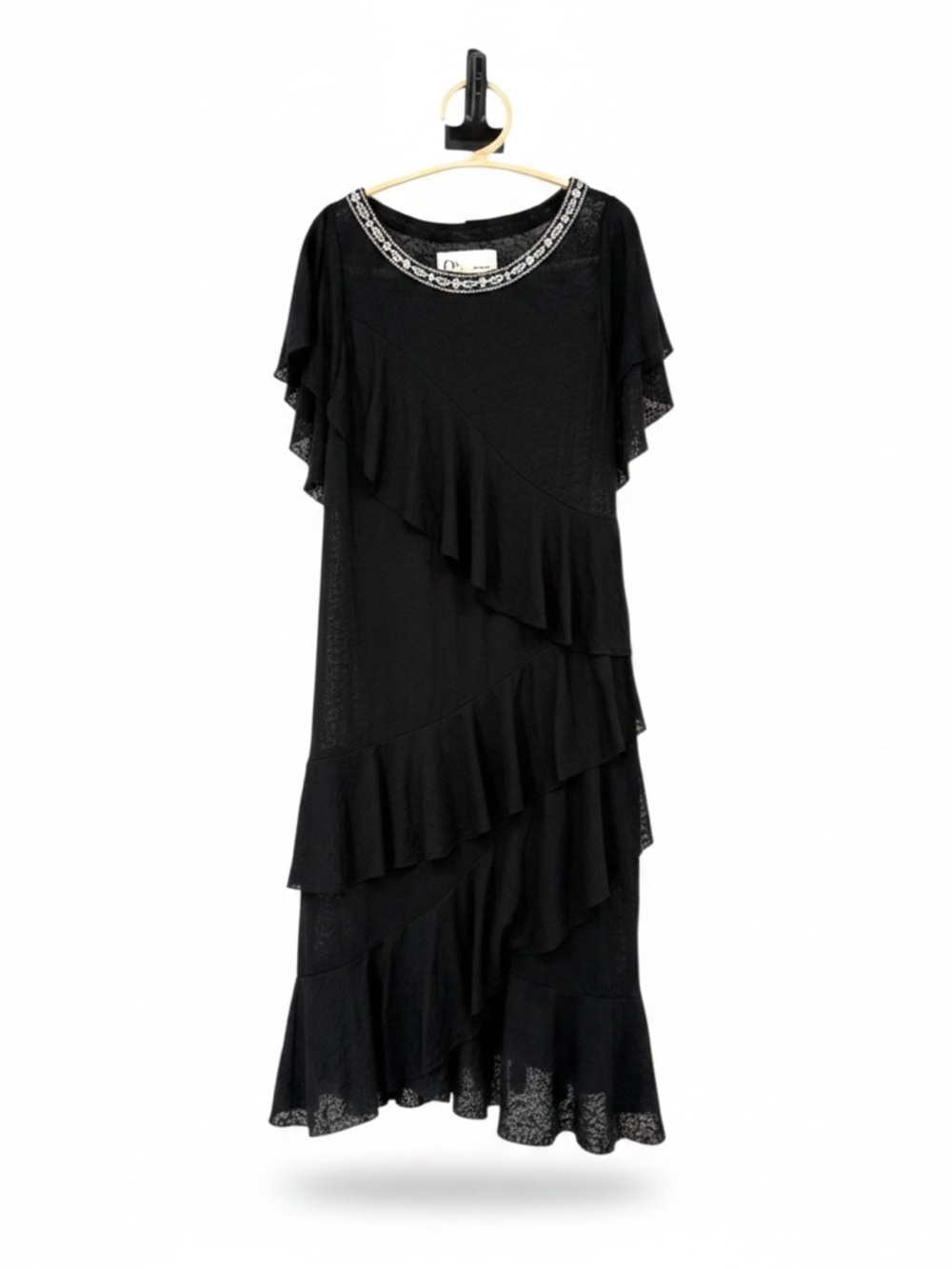 Pitusa Black Ruffle Dress Embroidered Neck Boho Tiered Sheer Peru Size S/M - Picture 16 of 16